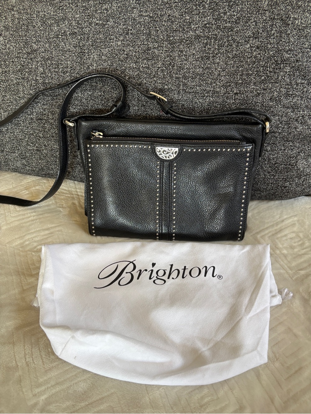 Brighton Jagger Black Leather Crossbody with Stud Trim and Decorative Plate